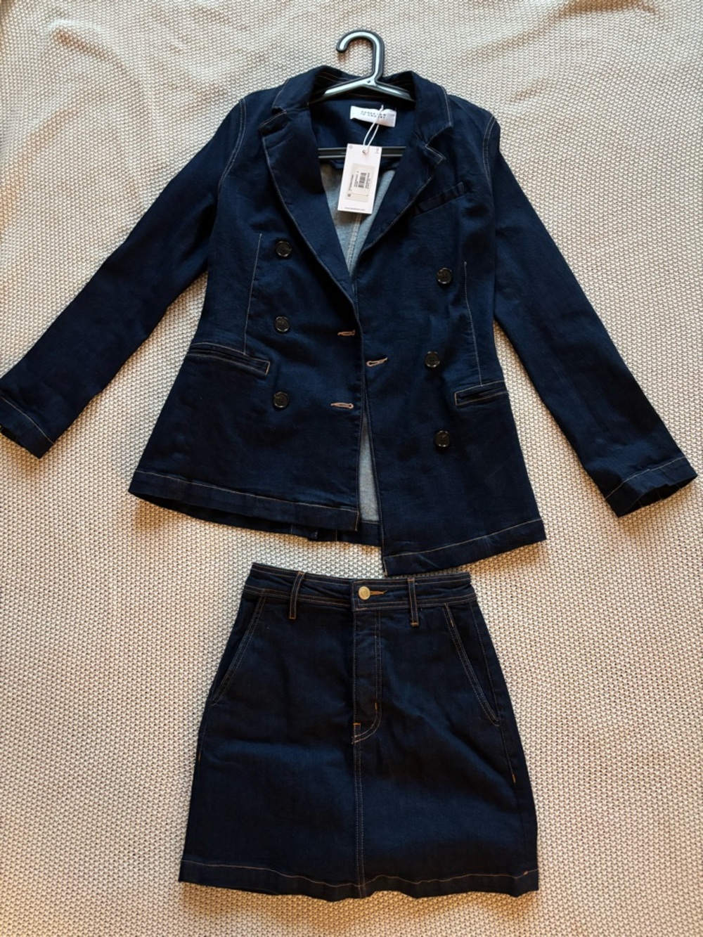 Derek Lam Navy Double-Breasted Denim Blazer and Mini Skirt